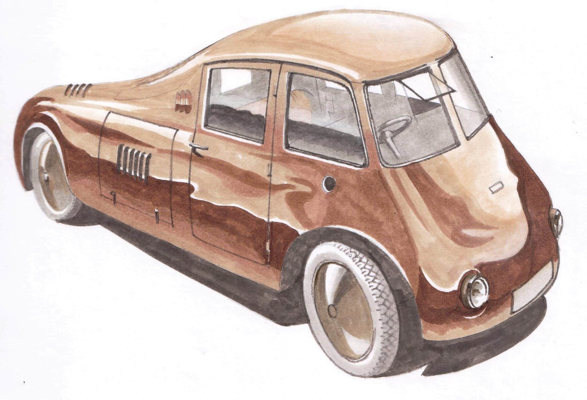 Persu Streamliner: un raro disegno della vettura a forma di goccia d'acqua