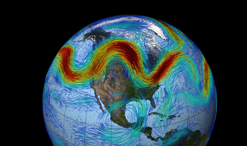 Una visualizzazione della corrente a getto polare dell'emisfero settentrionale che vortica i modelli meteorologici da ovest a est attraverso il Nord America. Visualizzazione realizzata con i dati del set di dati MERRA della NASA. Credito: Goddard Space Fl