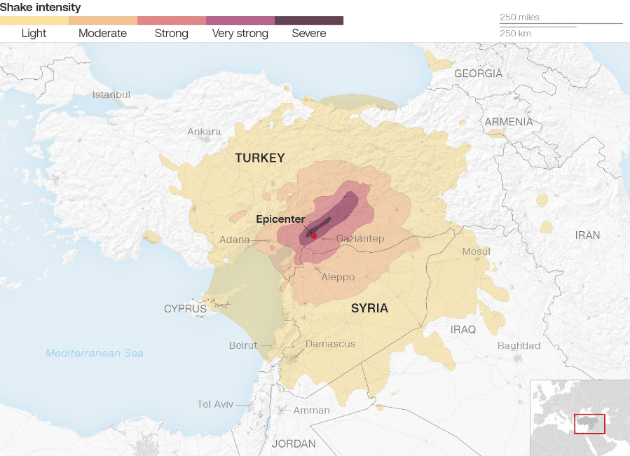 Mappa dello scuotimento sismico del terremoto di stanotte fra Turchia e Siria. Credits: US Geological Survey