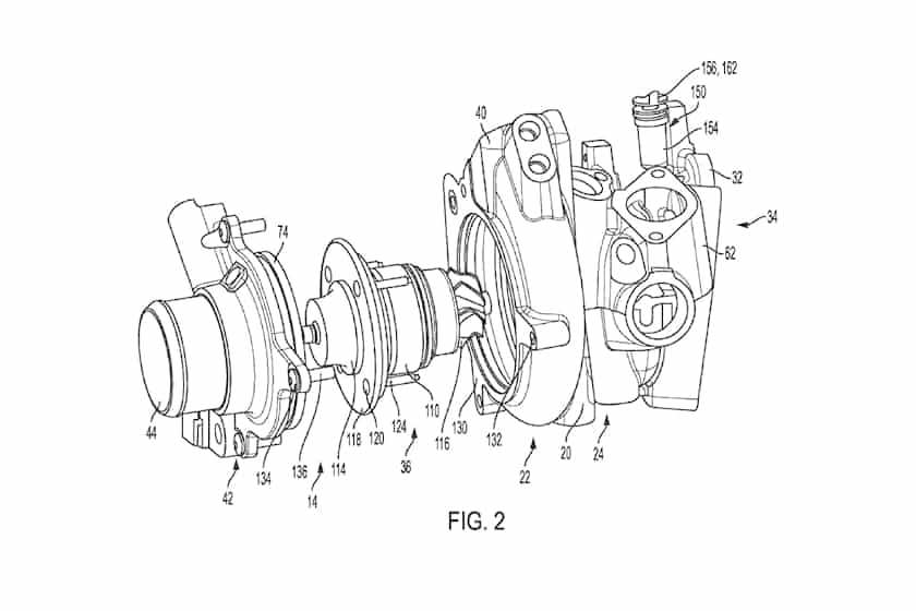 Esploso Brevetto FCA. Rappresenta i vari componenti del gruppo turbocompressore da assemblare sull'alloggiamento integrato del turbocompressore.