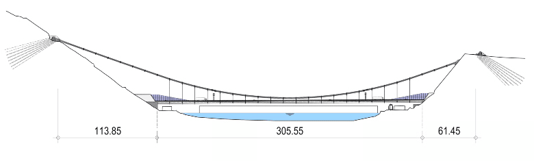 Prospetto longitudinale del ponte sospeso sul Danubio. Credits: ASFINAG