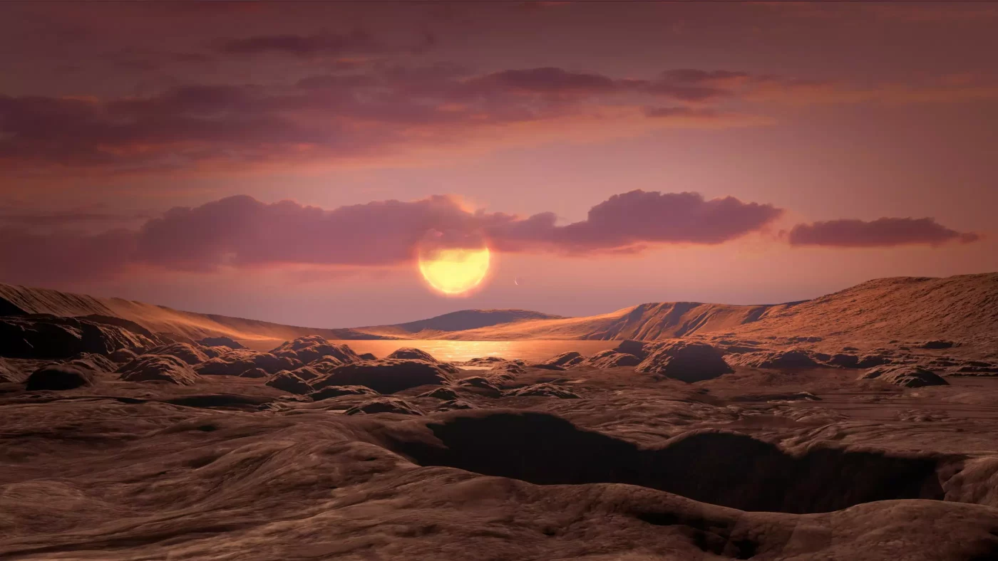 ricostruzione artistica di un esopianeta roccioso di massa terrestre come Wolf 1069 b in orbita attorno a una stella nana rossa. Se il pianeta avesse mantenuto la sua atmosfera, è molto probabile che presenterebbe acqua liquida e condizioni abitabili su u