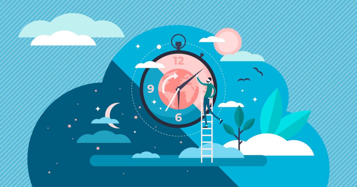 Cambio dell'ora: jet lag ed effetti sulla salute - Daytime cycle tiny person flat vector illustration. Natural planet movement around the sun. Daily morning till evening routine. Healthy human Circadian sleep rhythm system. Earth science and astrology
