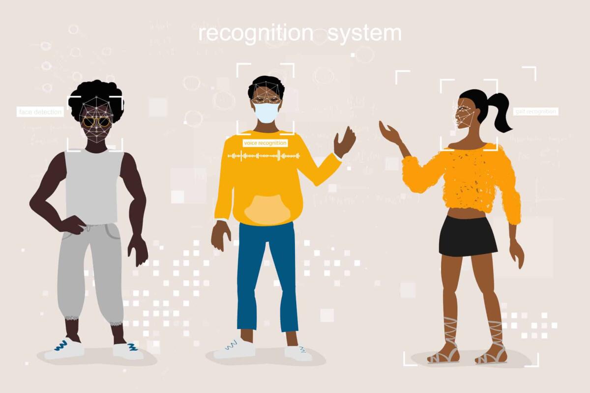 Cap_able: abiti anti riconoscimento facciale per la privacy - face, voice, gait, and pattern recognition. neural network, different people, recognition in full face, profile, with glasses and medical mask. Different approaches to identification on the street