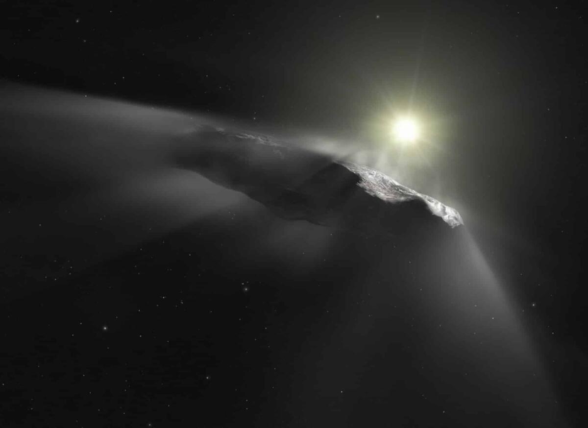 Oumuamua: il misterioso asteroide dallo spazio interstellare - This artist’s impression shows the first interstellar object discovered in the Solar System, `Oumuamua. Observations made with the NASA/ESA Hubble Space Telescope and others show that the object is moving faster than predicted while leaving the Solar
