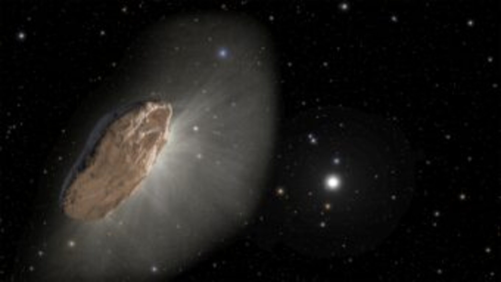 Rappresentazione artistica di Oumuamua, mentre si riscalda nella fase di avvicinamento al Sole rilasciando idrogeno, responsabile dell'alterazione dell'orbitaCredits: Nasa, Esa/Joseph Olmsted and Frank Summers of Stsci