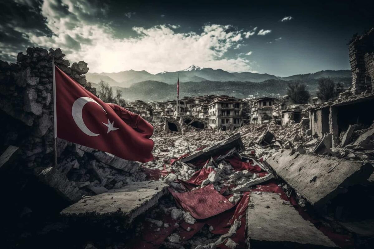 Turchia, il doppio terremoto più forte di sempre sulla terraferma - The Turkish flag over the state after the earthquake. Ruins, destruction, tragedy, disaster. High quality 3d illustration
