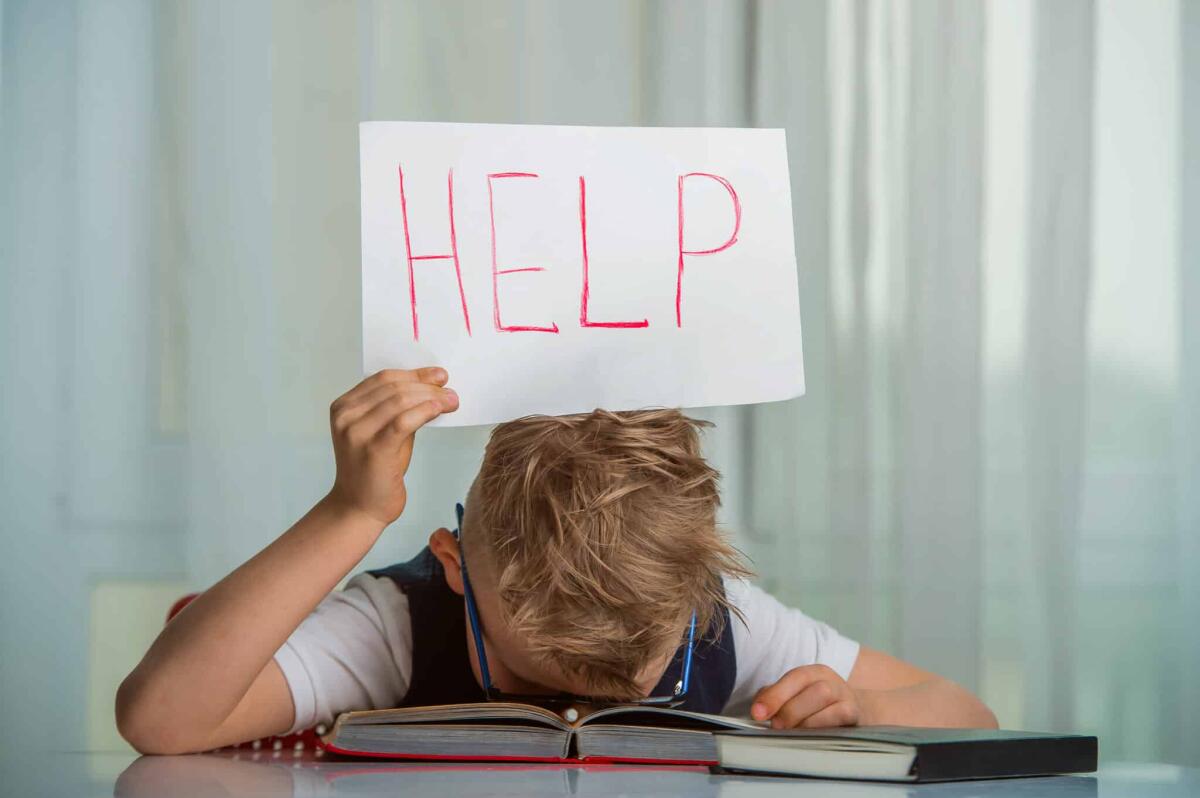 Le Cronache di Nanaria: la serie TV che sensibilizza sulla dislessia - Kid boy sleeping with a textbook over his head and holding a sign with the word Help