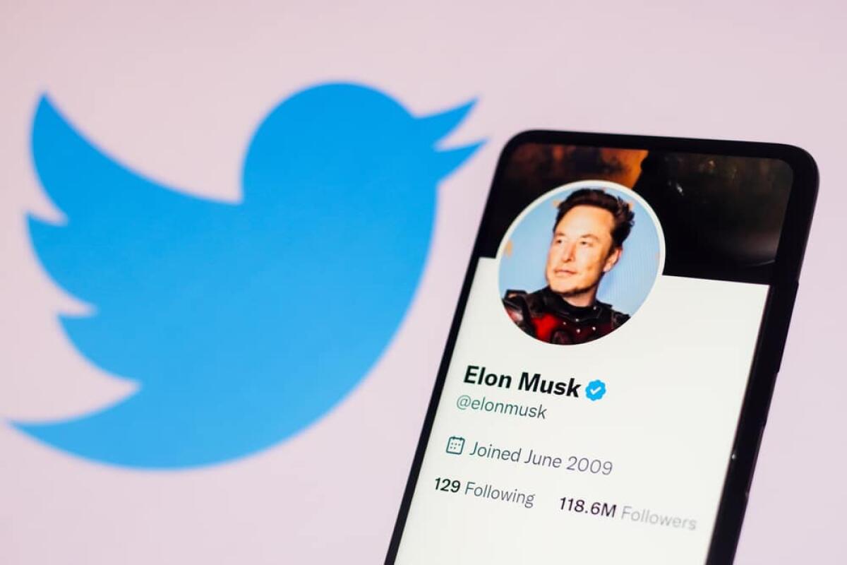 Twitter cambia logo con un cane: Dogecoin in rialzo del 30% - November 24, 2022, Brazil. In this photo illustration, the Elon Musk Twitter account displayed on a smartphone screen and Twitter logo displayed on a screen in the background