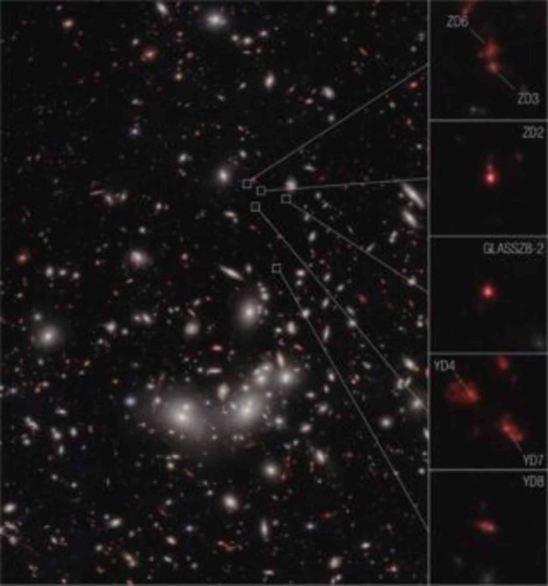 Immagine del telescopio James Webb che mostra le sette galassie del protoammasso. Credits: Nasa, Esa, Csa, Takahiro Morishita (Ipac), image processing: Alyssa Pagan (Stsci)