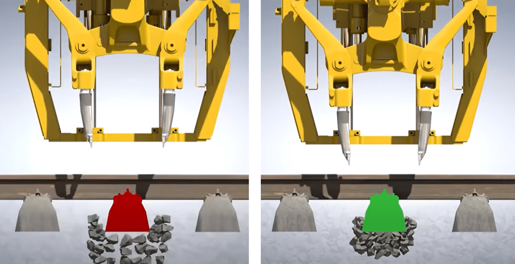 Costipamento della massicciata attorno alle traverse. (Credits: TrackMachines)