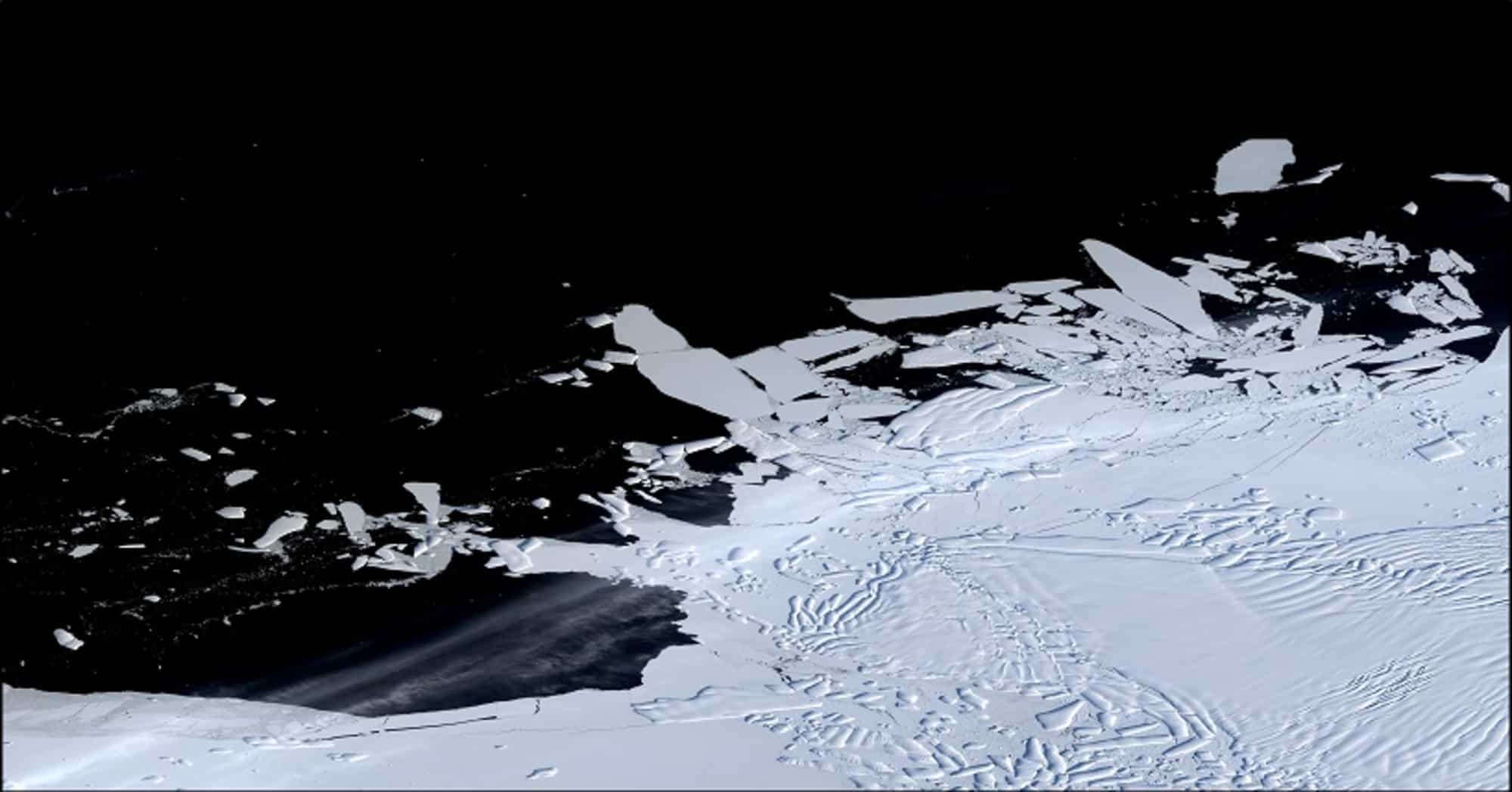 Crepe sul ghiacciaio Thwaites. Credit: NASA/USGS, elaborata dal Dr. Frazer Christie, Scott Polar Research Inst.