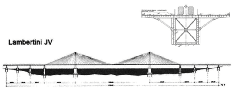 Proposta di ponte strallato pluricampata. (Credits: progetto originario)