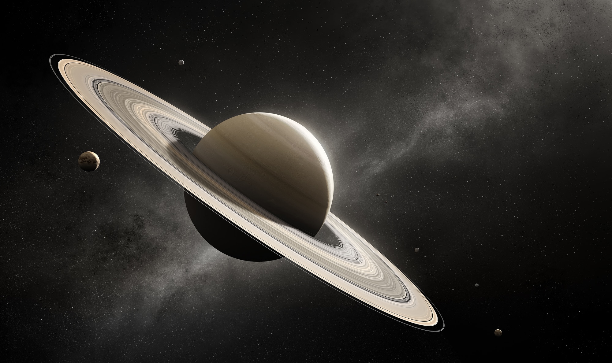 Rappresentazione di Saturno e le sue lune maggiori