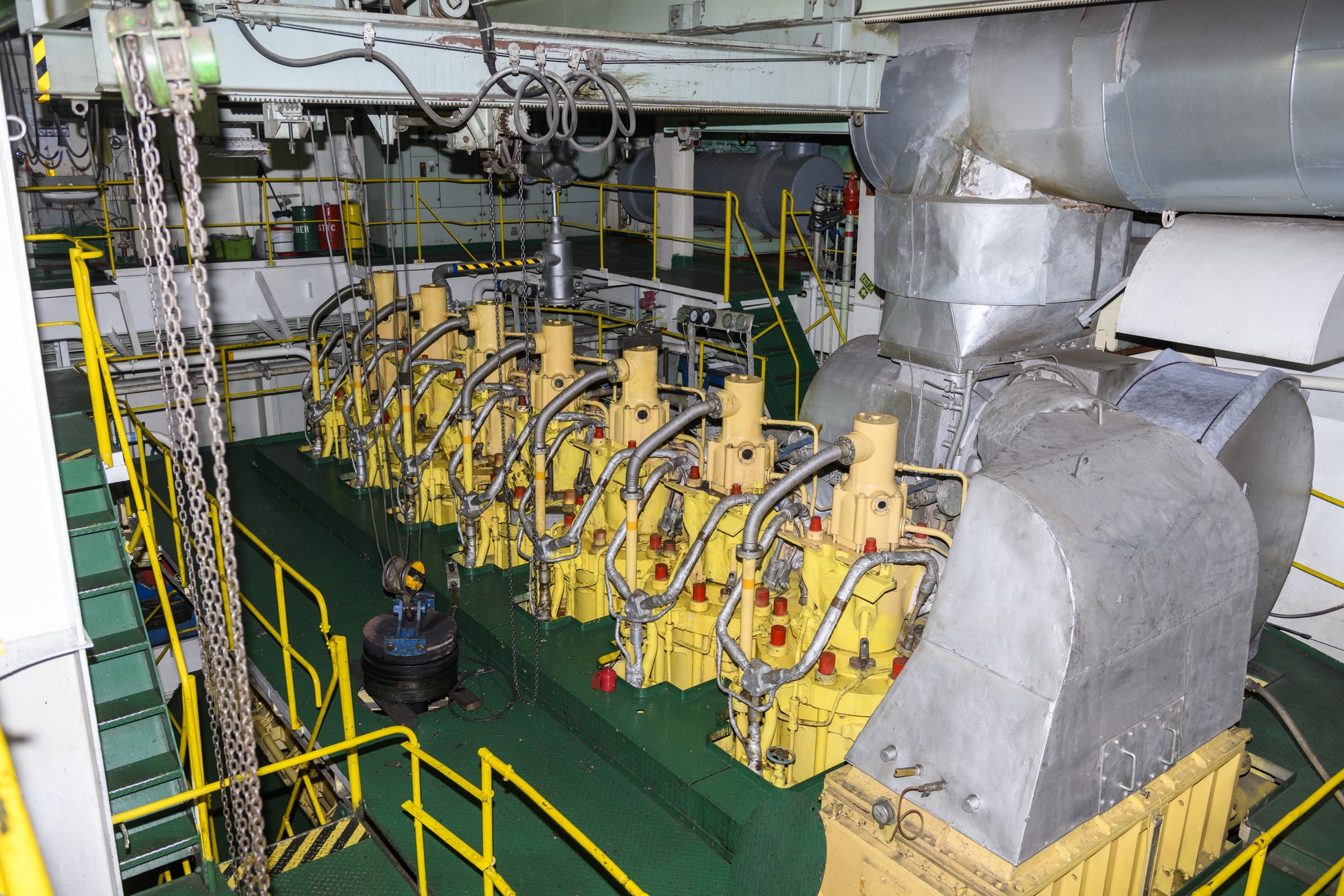 Marine engine. Diesel generator. Engine room interior.