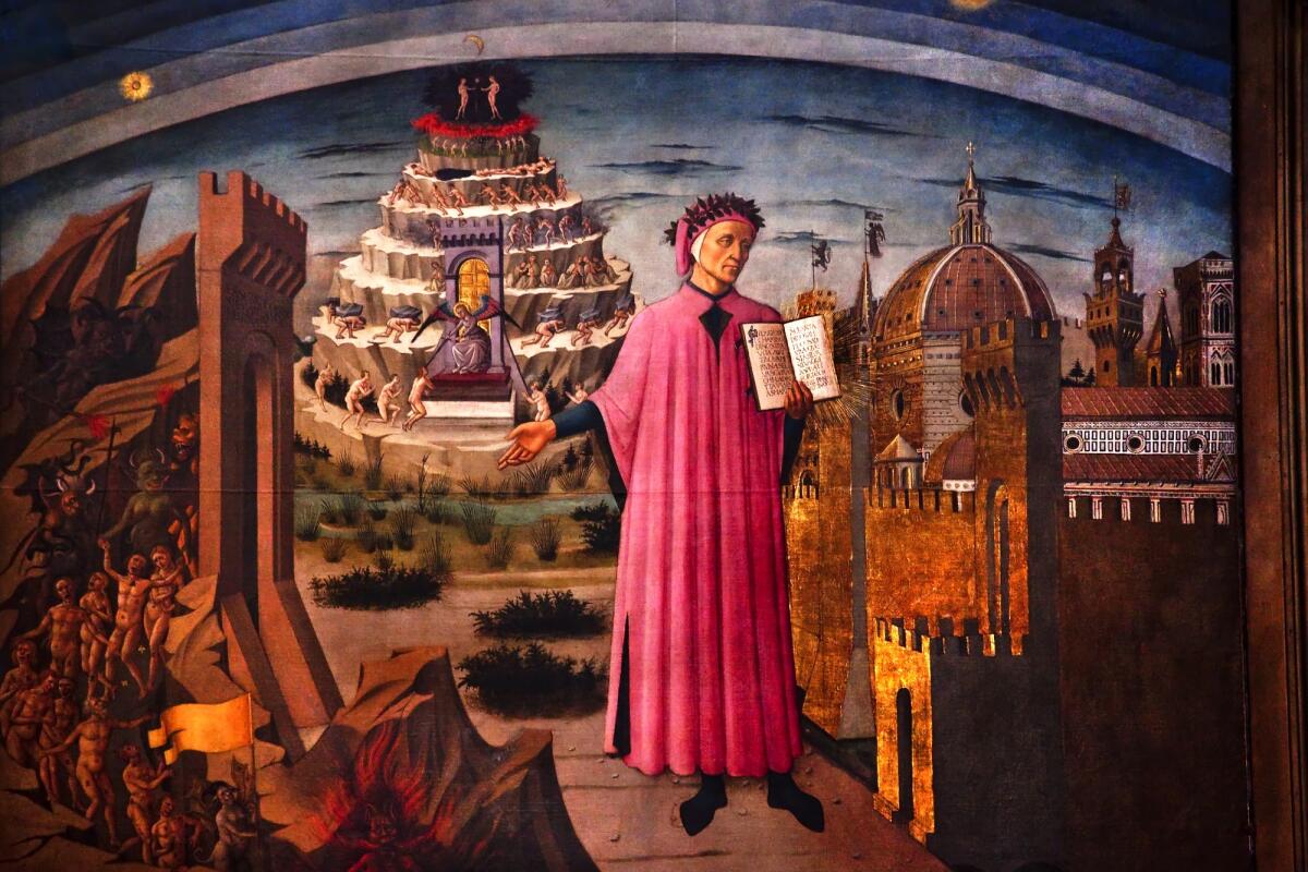 Il paradiso di Dante Alighieri: una profezia sulle origini dell'universo - Dante and Divine Comedy painted by Domenico di Michelino in 1465 Duomo Basilica Cathedral, Church Florence Italy

Resubmit--In response to comments from reviewer have further processed image to reduce noise, sharpen focus, and adjust lighting.