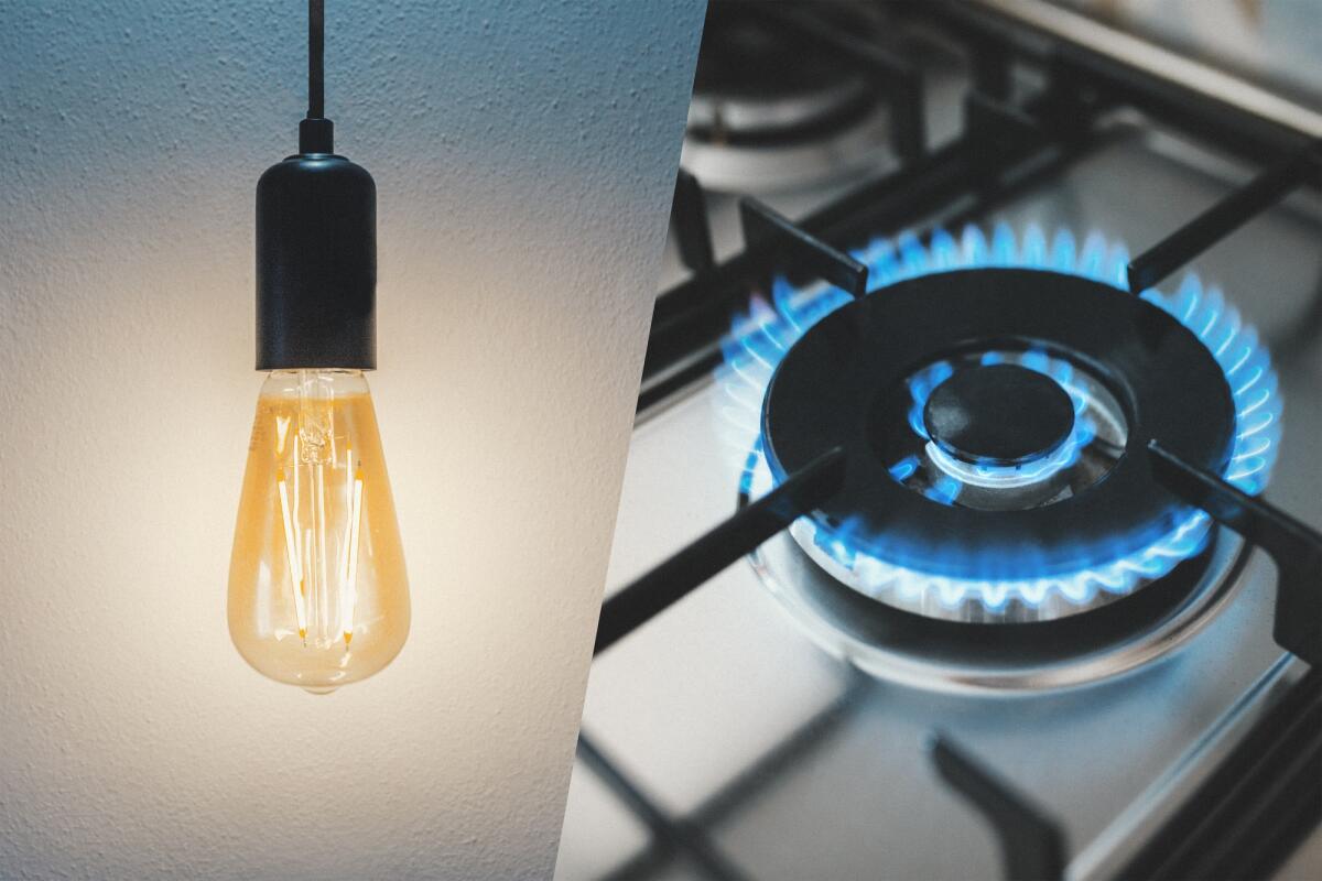 Come fare la voltura o il subentro di luce e gas e quali sono le differenze - Gas stove and light bulb. Utility bills concept. Composition