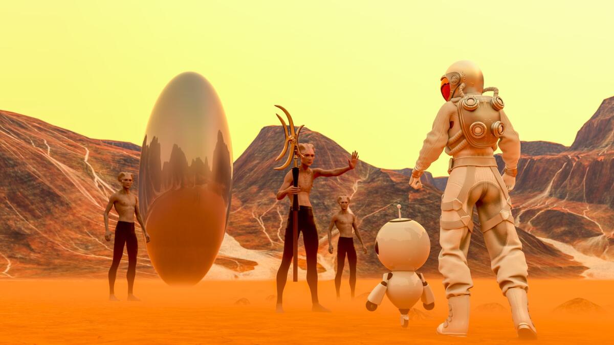Omini verdi e Intelligenza Artificiale - Astronaut and small robot facing a strange egg-shaped object and aliens at the spacewalk on a desert planet - 3d rendering