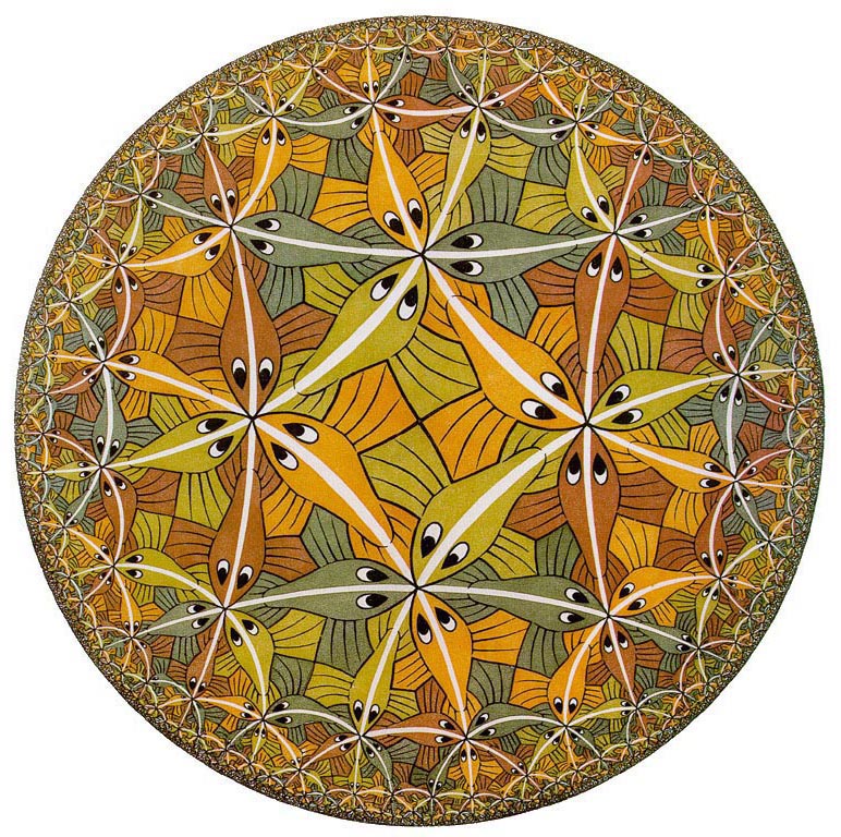 Maurits Cornelis Escher, “Circle limit III” (“Limite del cerchio III”) - xilografia,  stampa da cinque piastre - 1959 - diametro 41,5 cm - Fondazione M. C. Escher –Baarn (Olanda). Credits: Licesosabin matematicarte.