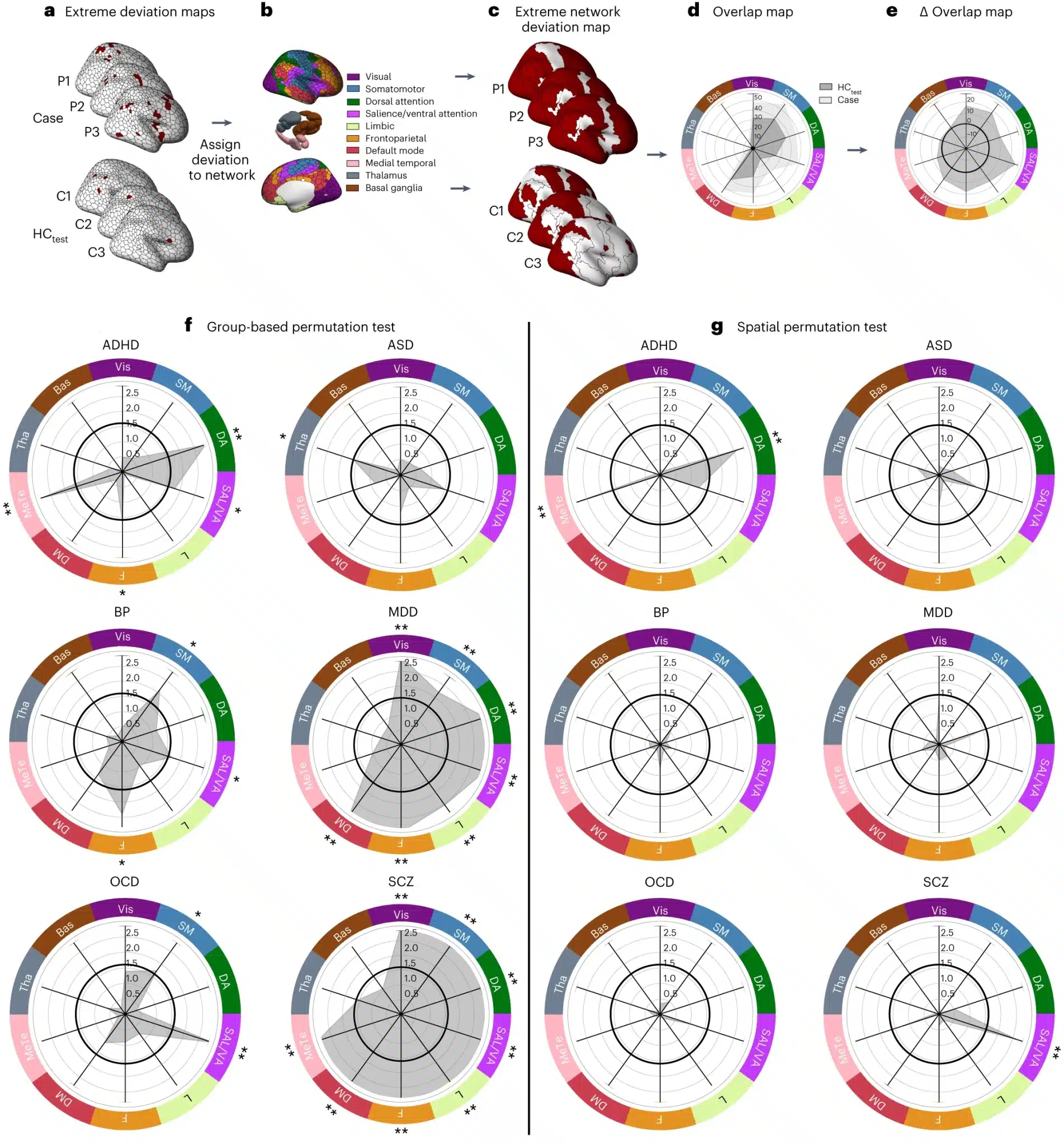 Eterogeneità della rete funzionale di deviazioni del volume di materia grigia estreme negative in ciascun disturbo - Credits: Nature Neuroscience