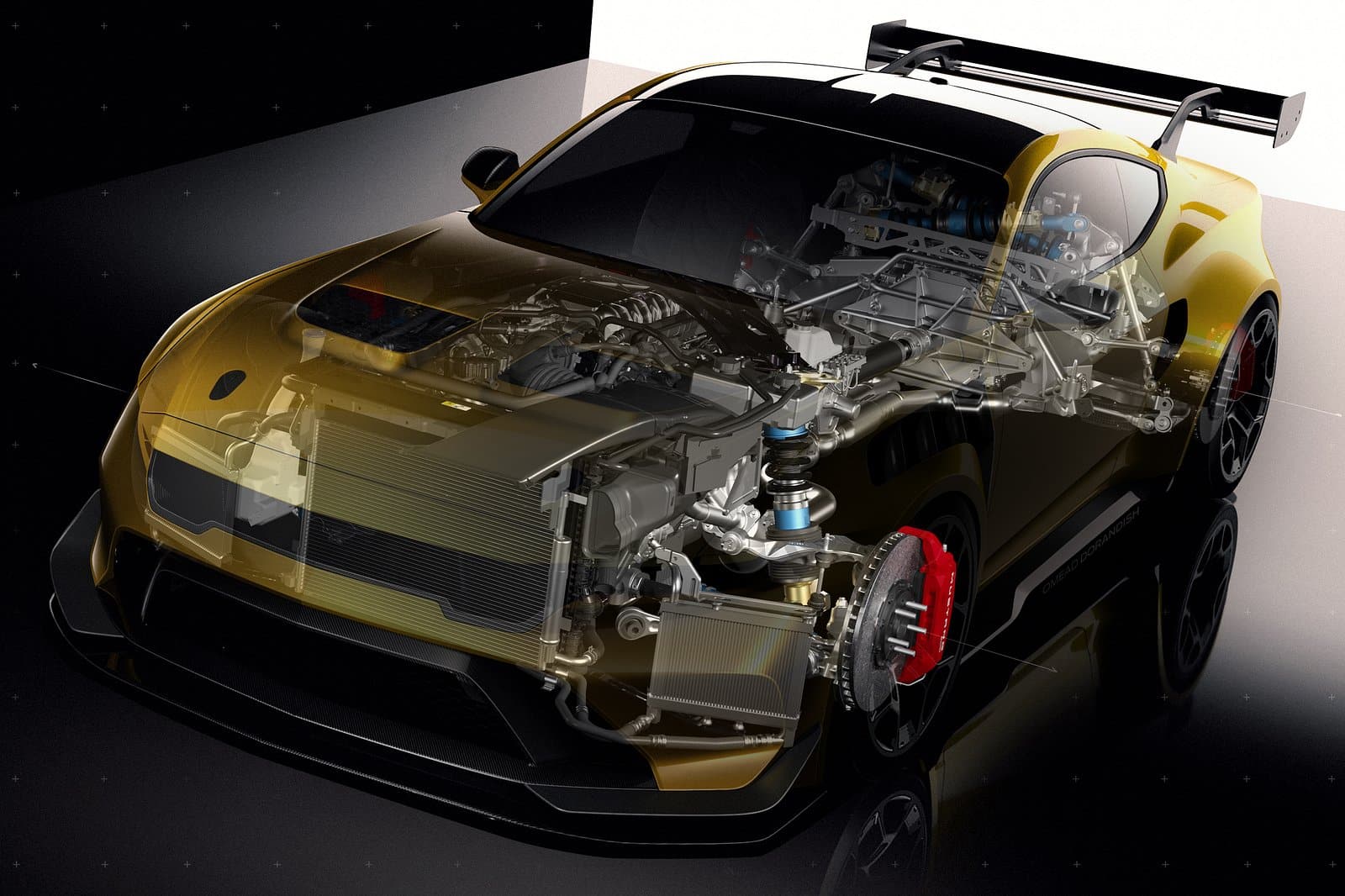 Schema a raggi-X della nuova Mustang: si notano le differenti tipologie di sospensione fra l'anteriore e il posteriore