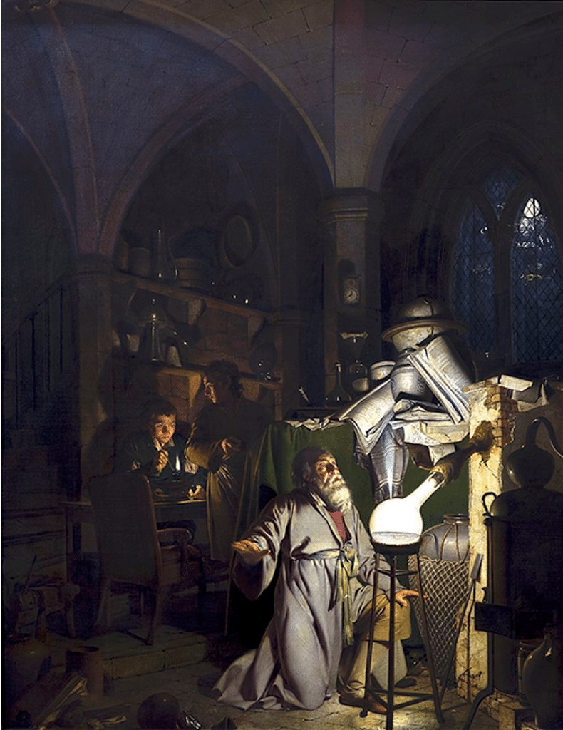 L'alchimista scopre il fosforo di Joseph Wright of Derby, 1771 (Immagine di pubblico dominio).
