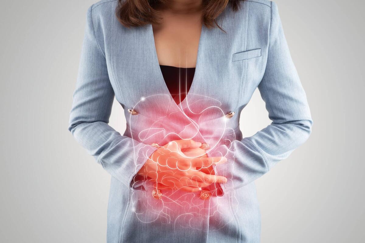 Emorragia gastrointestinale: sintomi, cause e trattamento - Illustration of internal organs is on the woman's body against the gray background. Business Woman touching stomach painful suffering from enteritis. internal organs of the human body.