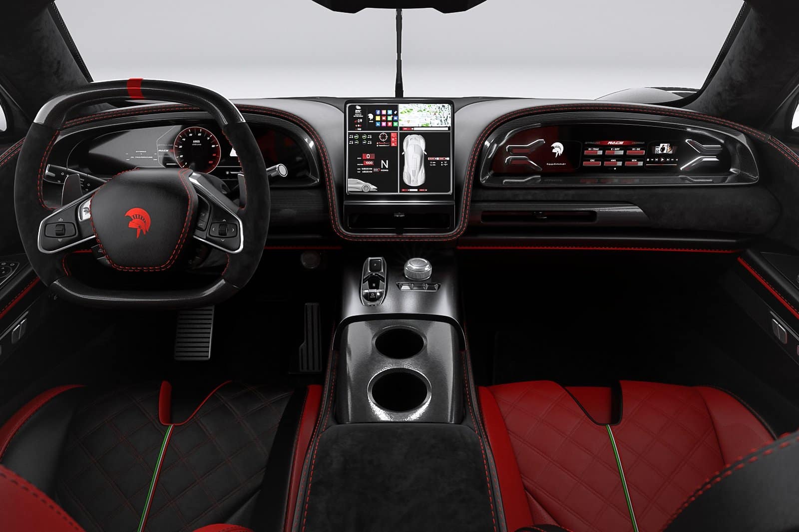 Gli interni sono quelli che ricordano maggiormente lo stile della Chevrolet Corvette C8, si può notare anche il display per il passeggero anteriore con informazioni varie sul veicolo