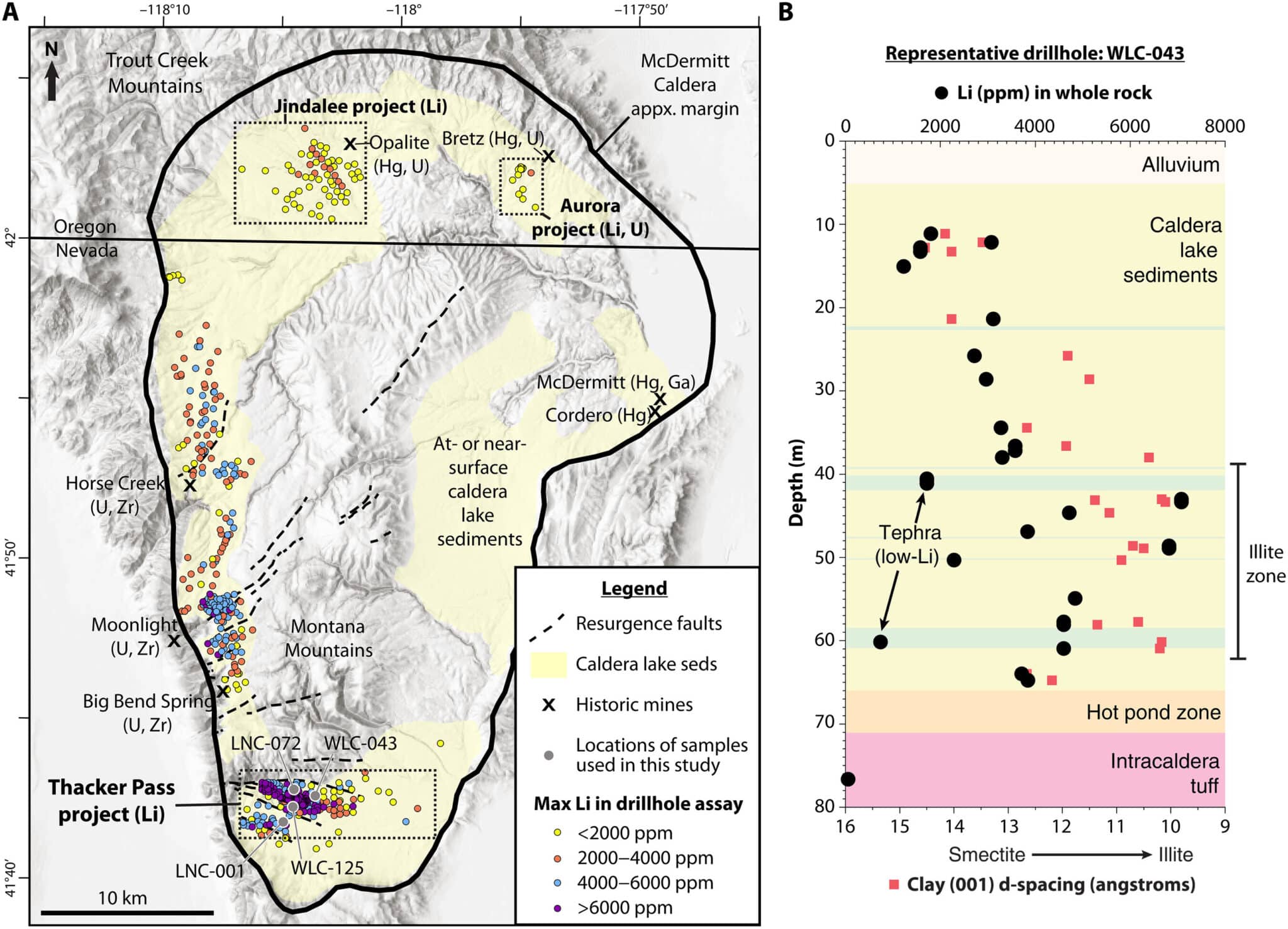 Mappa della Caldera di McDermitt con la relativa concentrazione di litioCredits: Thomas R. Benson, Matthew A. Coble, John H. Dilles