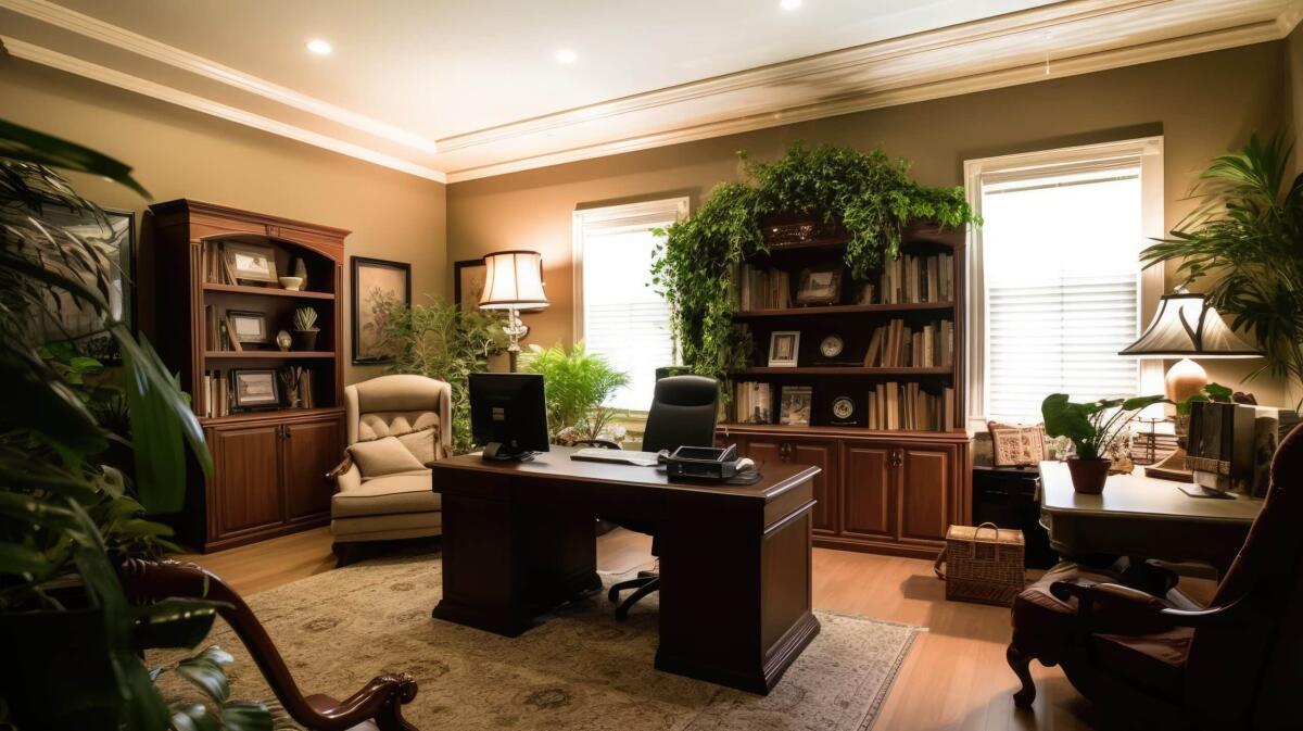 Come progettare un grande ufficio in casa - Inspiring office interior design Transitional style Corporate Office featuring Versatile elegance architecture. Generative AI AIG 31.