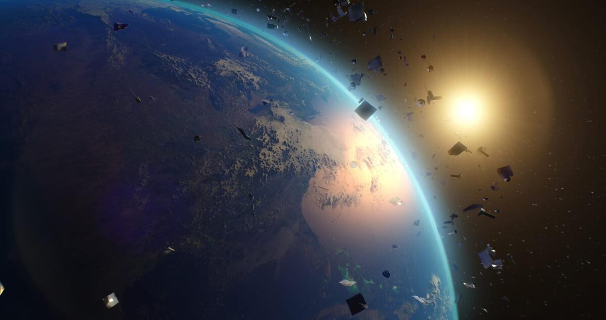 DISH Network ha ricevuto la prima multa della storia per un satellite non rimosso correttamente - 3D render of waste from broken artificial satellites floating in orbit in space around planet Earth