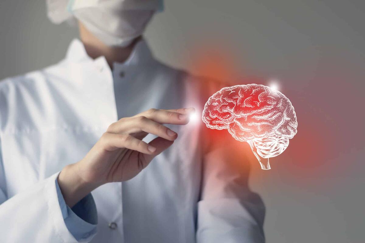 Danni neurologici: la risposta varia in base al sesso - Female doctor touches virtual red  Brain in hand. Blurred photo, handrawn human organ, highlighted red as symbol of disease. Healthcare hospital service concept stock photo