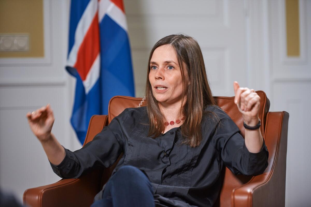 Storico sciopero delle donne in Islanda contro il divario salariale - REYKJAVIK,ICELAND/JUNE 14,2018:  Prime Minister of Iceland Katrin Jakobsdottir  during an interview with Russian television
