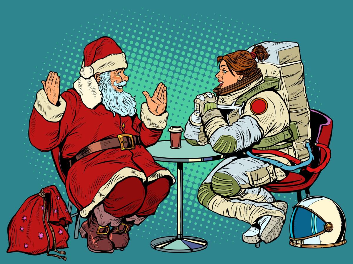 I 5 migliori gadget scientifici da regalare - Santa Claus is on a date with a female astronaut. Restaurant or cafe. Christmas holidays. Pop Art Retro Vector Illustration Kitsch Vintage 50s 60s Style