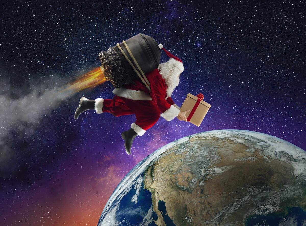 Regali di Natale per un appassionato di spazio da acquistare durante il Black Friday - Santa Claus with gift box flies with a missile in a space