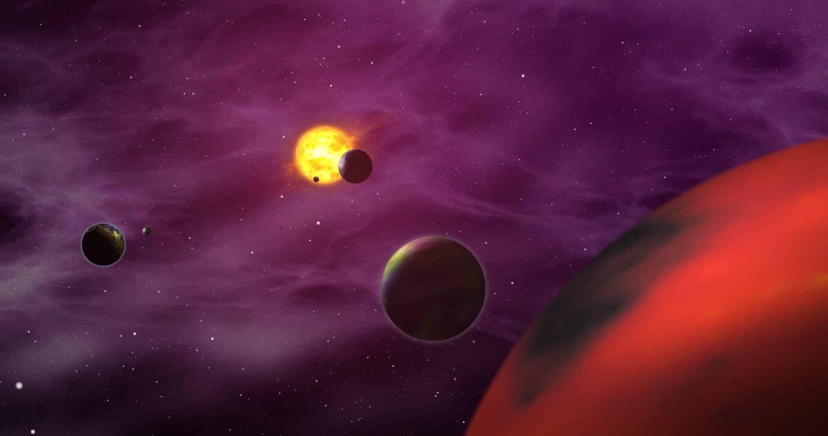 JWST scopre quattro esopianeti insieme in un sistema - Exoplanets in foreign solar system with sun star. Distant cosmos exploration. Planets, moons, sun and nebula galaxy clouds in background.