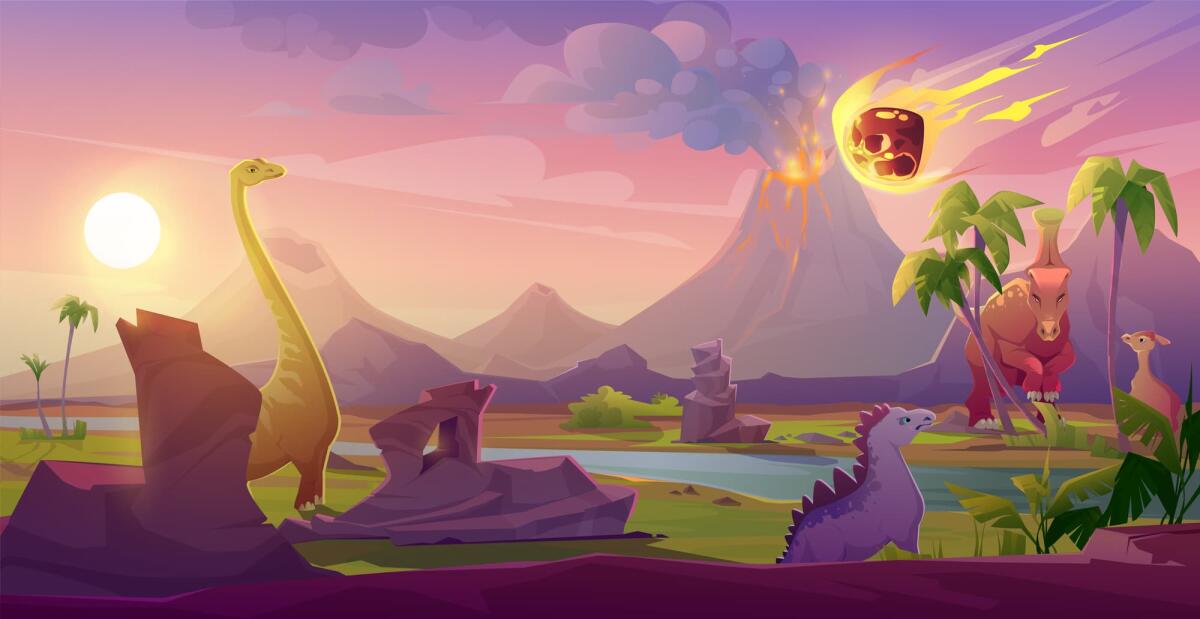 La fine dei dinosauri è stata segnata dalla polvere finissima di meteorite - Dinosaurs extinct with meteorite falling on Earth. Asteroid explosion in end of Jurassic, Cretaceous or Triassic prehistoric era with erupting volcano. Planet evolution cartoon vector landscape, panic