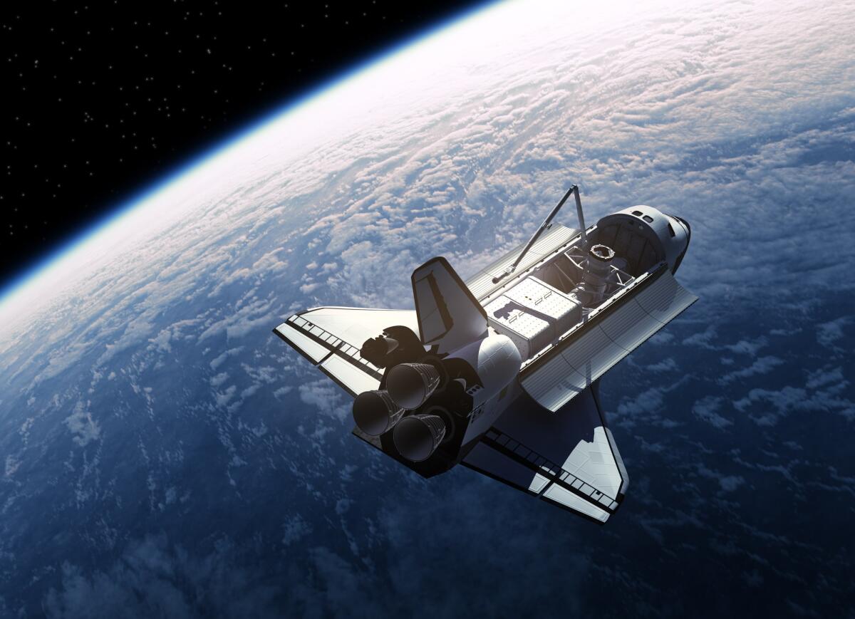 Perché spendiamo soldi per esplorare lo spazio? - Space Shuttle In Space. Realistic 3D Scene.