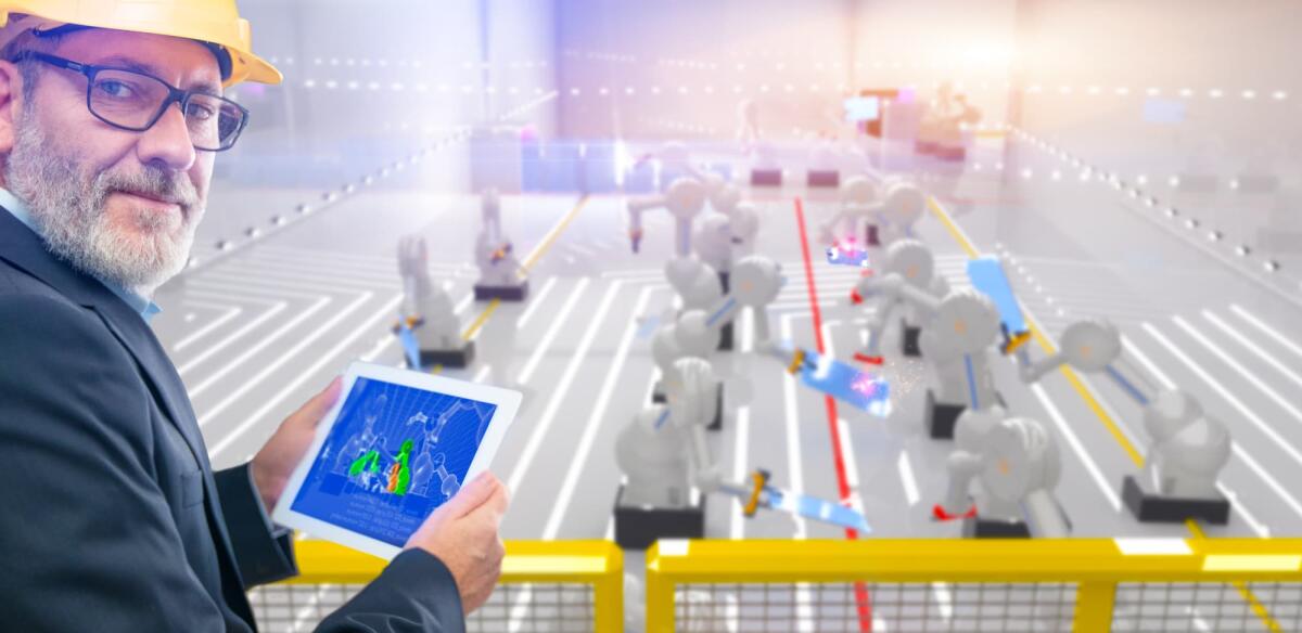 La visione delle aziende sul piano Transizione 4.0: focus su trasformazione digitale, tutela ambientale e incentivi più agili - Smart automation industry robot in action welding solar panels while engineer is watching from above - industry 4.0 concept - 3D Rendering