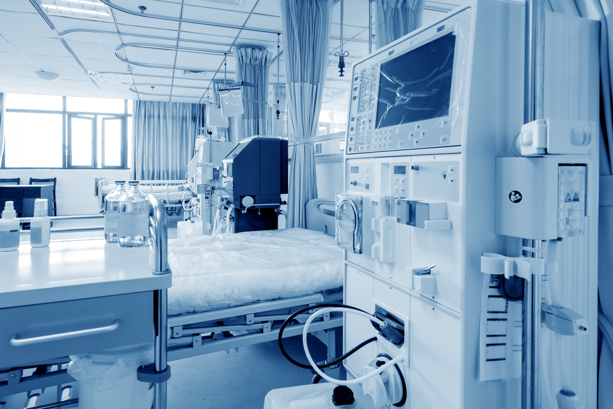 Hemodialysis machines with tubing and installations. Health care, blood purification, kidney failure, transplantation, medical equipment concept.