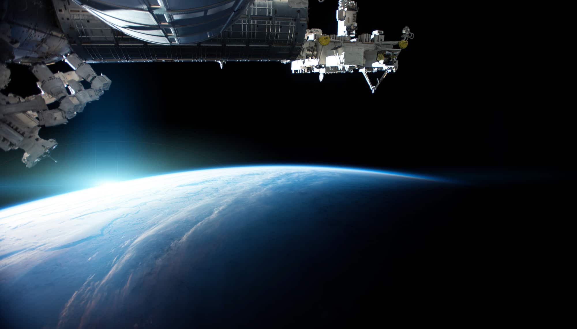 View of blue planet Earth from a space station window during a sunrise 3D rendering elements of this image furnished by NASA