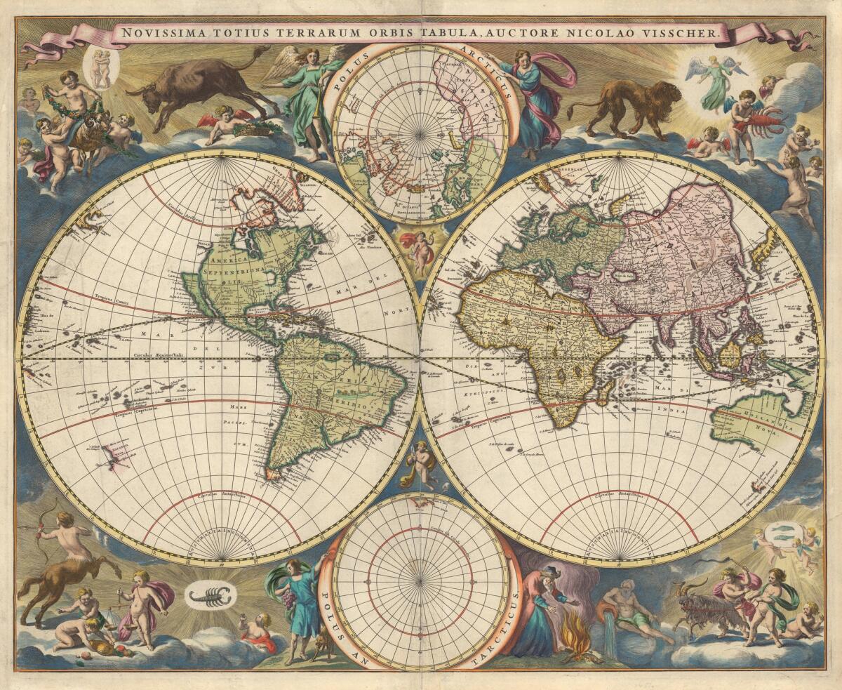Come Eratostene di Cirene ha ottenuto la prima stima realistica delle dimensioni della Terra - Western and Eastern Hemisphere old map. Vintage world map with continents and islands. Geographic retro world map.