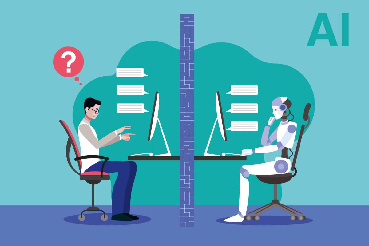 Teorema di Turing: ecco perché nessun algoritmo ci può dire se un'IA agirà contro il genere umano - A robot and a scientist facing the Turing test. Artificial intelligence vector concep illustration.