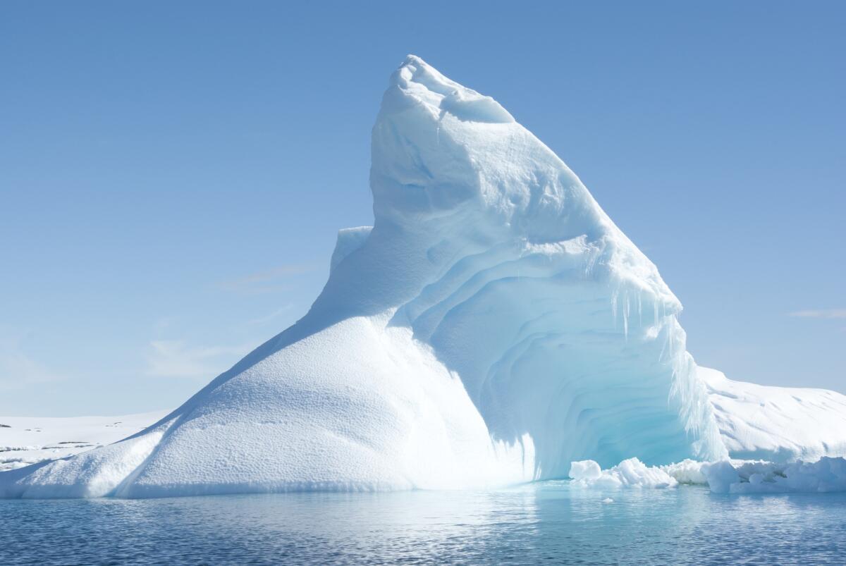 Qual è l'iceberg più grande al mondo? - Icebergs in the sunny bright light on the background of the island.