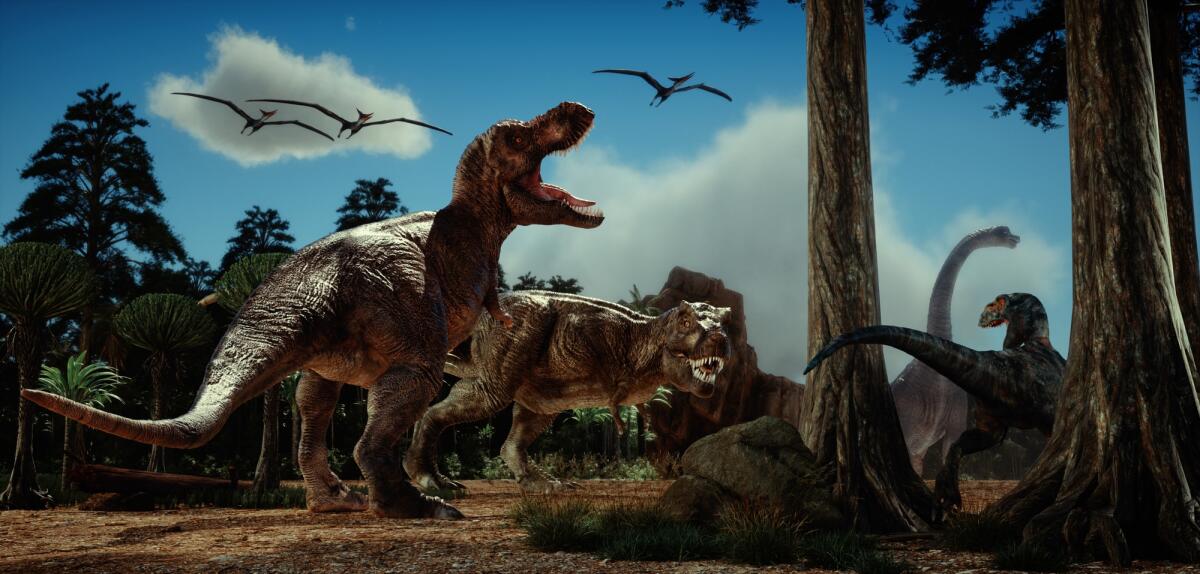 Il segreto dell'invecchiamento dei mammiferi: potrebbe essere colpa dei dinosauri - Dinosaurs in the nature. This is a 3d render illustration