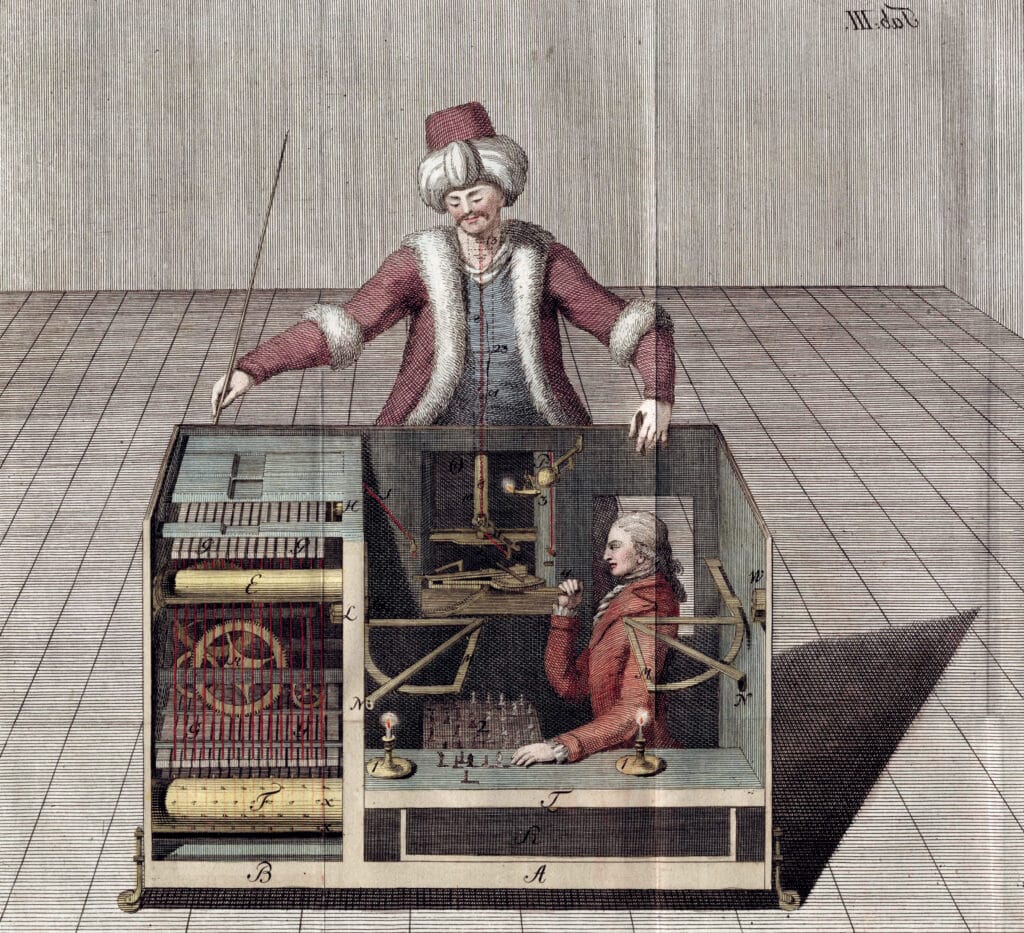 Illustrazione del Turco Meccanico progettato nel 1770 dall'inventore ungherese Wolfgang von Kempelen. L'originale fu distrutto da un incendio nel 1854. Fonte: Joseph Racknitz - Humboldt University Library.