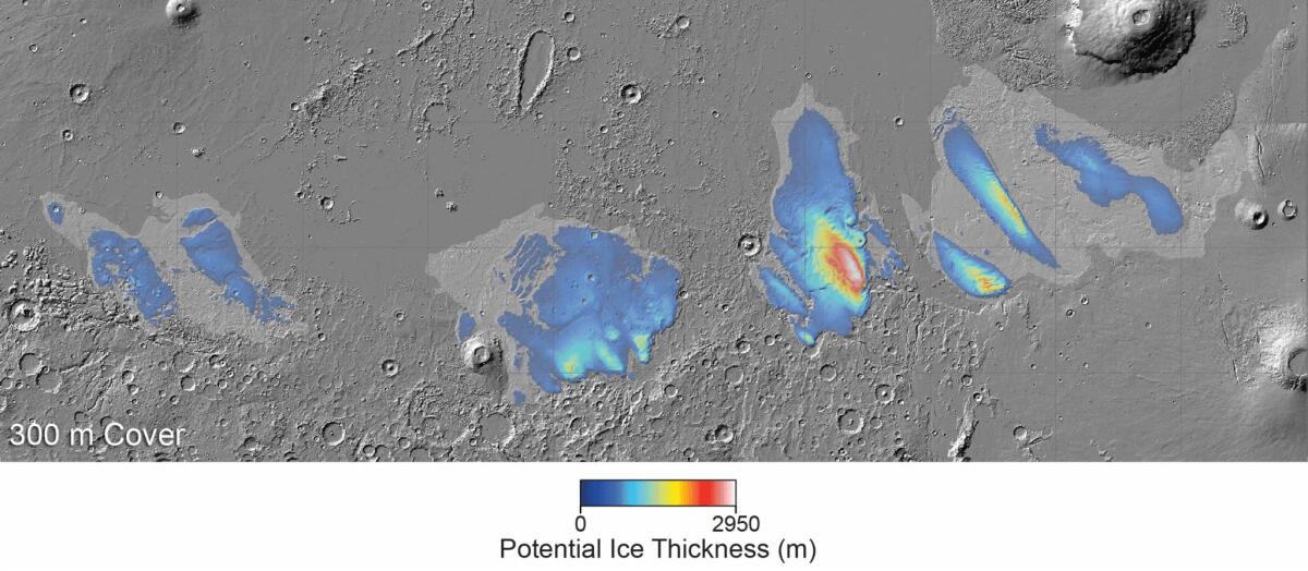Scoperti potenziali strati di ghiaccio d'acqua fino a 3,7 km di profondità sotto la superficie di Marte - 