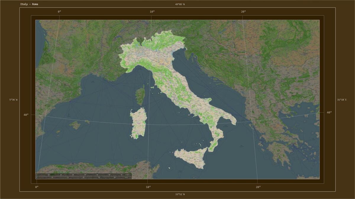 La Carta Magnetica d'Italia è stata aggiornata: è cruciale per geofisica e navigazione - Italy highlighted on a topographic, OSM France style map map with the country's capital point, cartographic grid, distance scale and map border coordinates