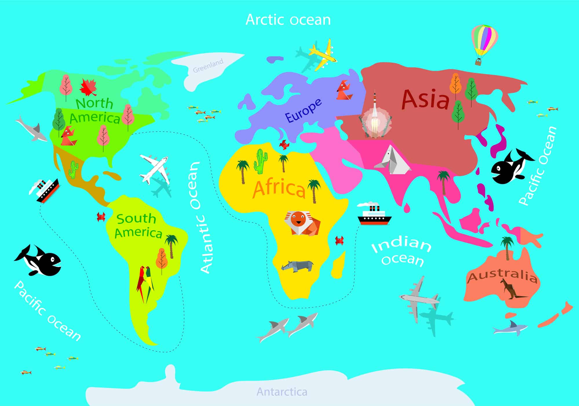 Children's illustrated geographic map of the world. Vector illustration