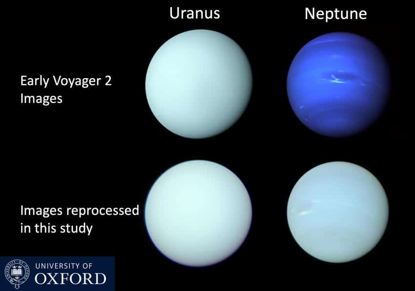 Urano (a sinistra) e Nettuno (a destra) sono in realtà più simili nel colore (in basso) rispetto a quanto suggerito dalle prime immagini scattate dalla Voyager 2 (in alto) e pubblicate negli anni '80. Credits: Patrick Irwin/Università di Oxford/NASA. Tipo